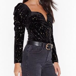 Women’s 2 NASTY GAL Black Celestial Star Velvet Metallic Puff Sleeve V-Neck Top